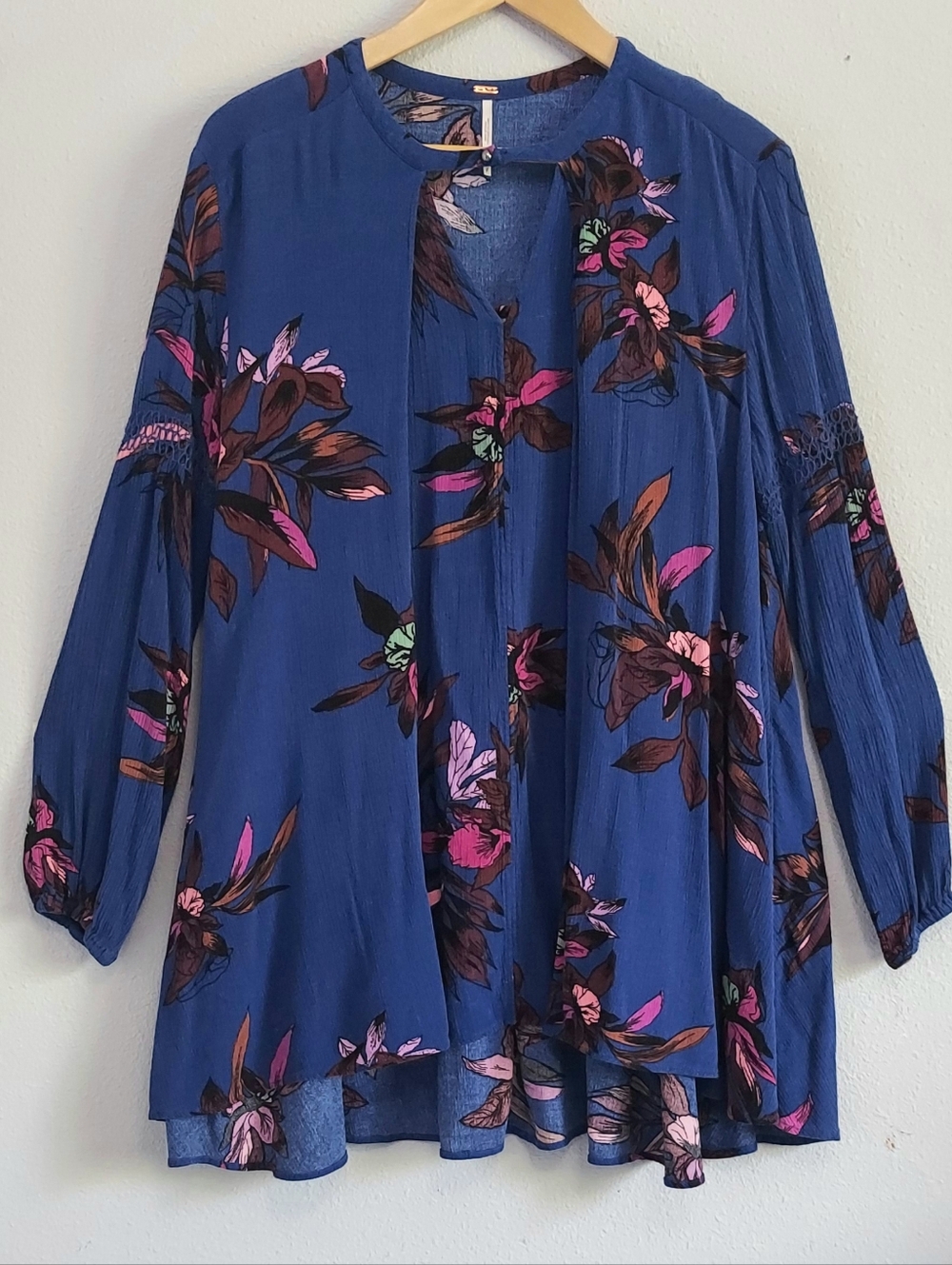 Free People Blue Floral Boho Long Sleeve Mini Tunic Dress Small*